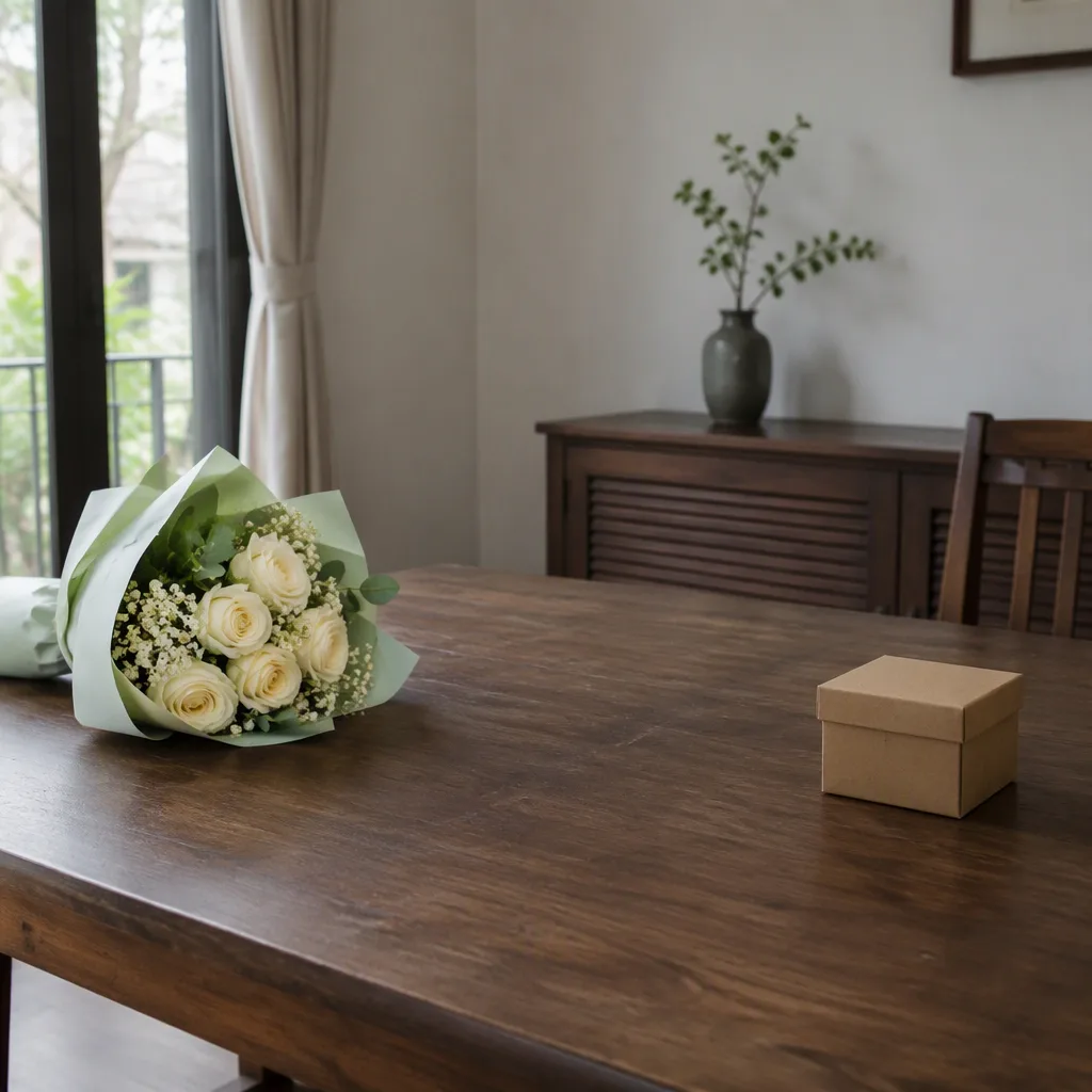 Hộp quà đóng kín và bó hoa được để tách nhau trên bàn người lớn ở phòng khách
