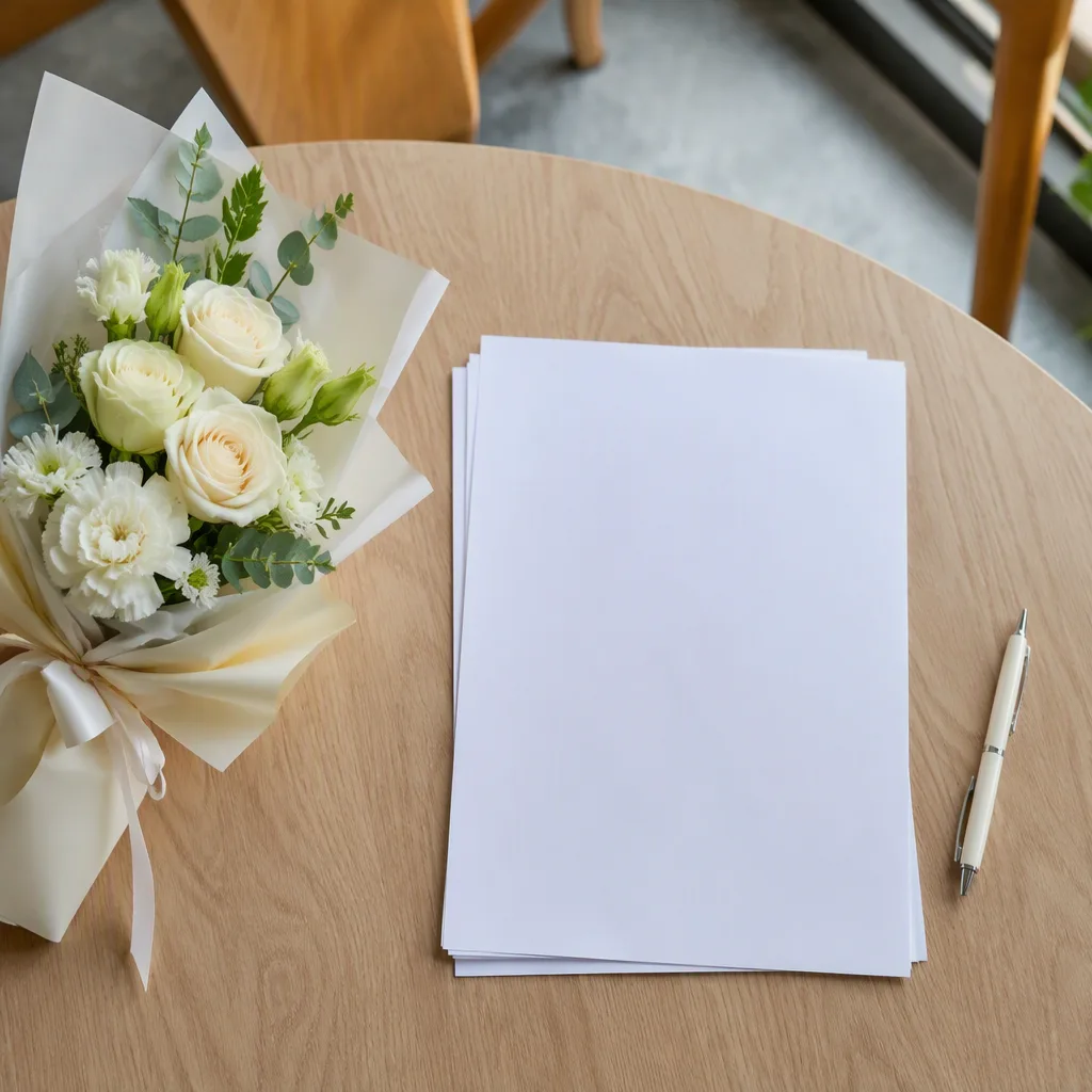Bó hoa và tập giấy trống được đặt riêng trên bàn trao đổi đơn hàng