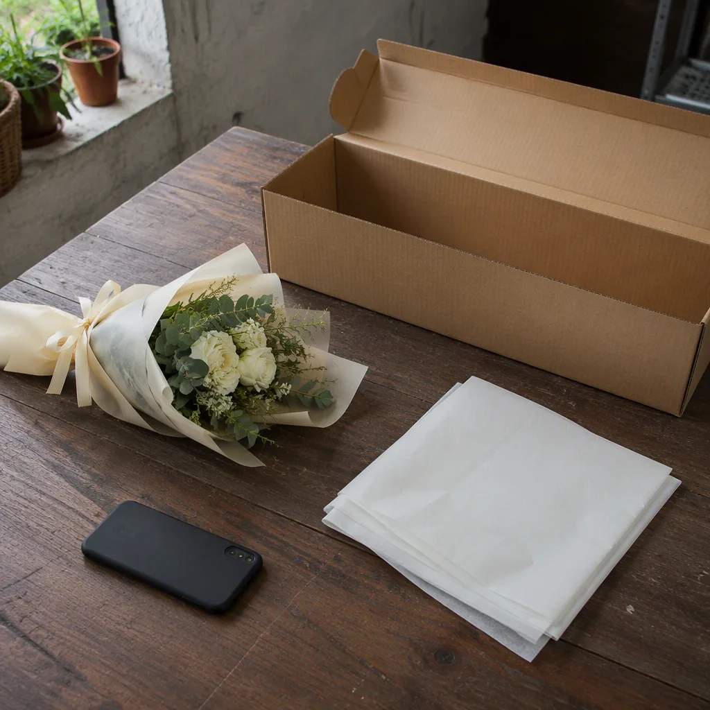 Bó hoa kem gói giấy đặt cạnh thùng carton rỗng và điện thoại úp trên bàn gỗ
