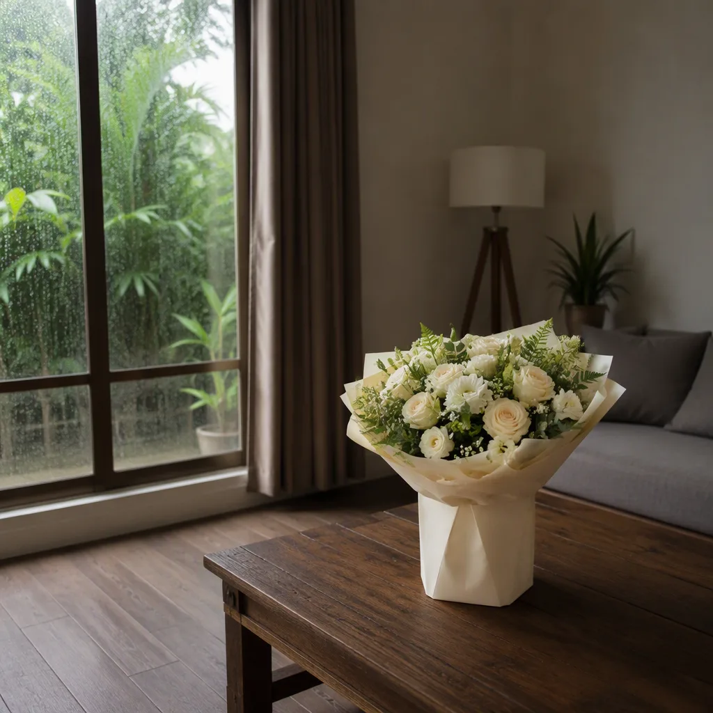 Bó hoa kem trong giá đỡ đặt trên bàn gỗ khô, ngoài cửa kính đóng là mưa