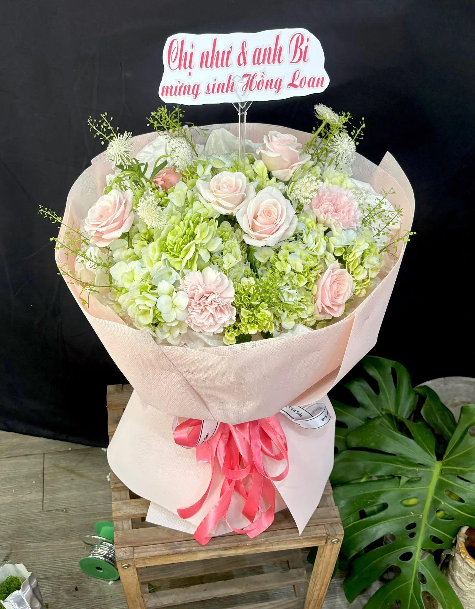 Bó Hoa Hồng Phấn & Cúc Hồng & Cẩm Tú Cầu Xanh - Sinh Nhật