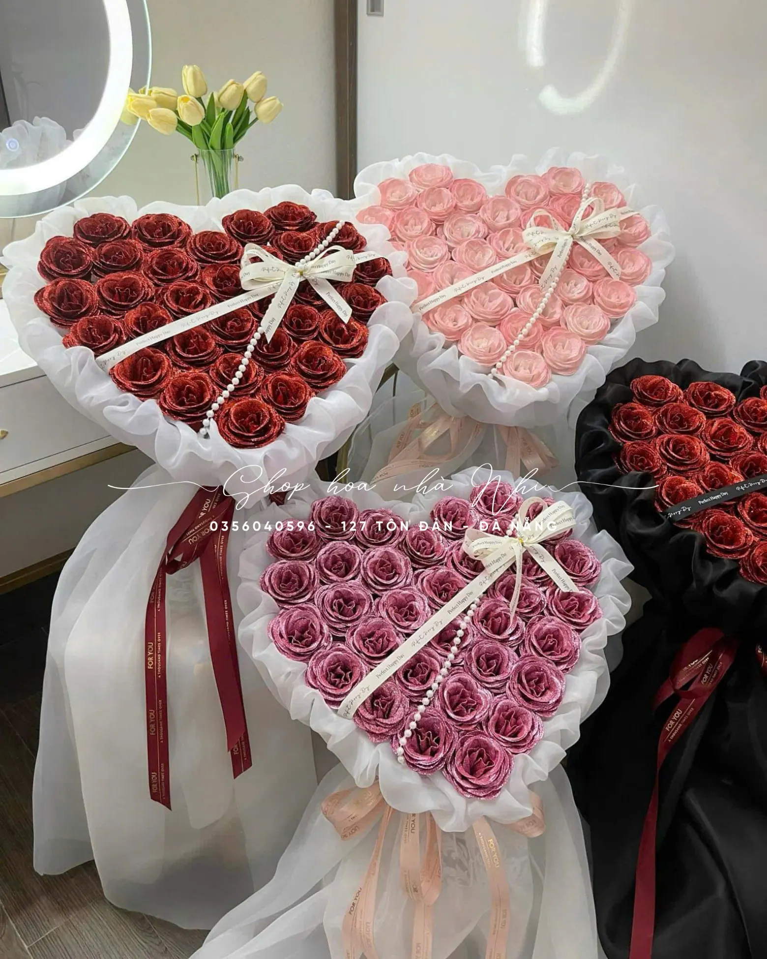 Bó Hoa Hình Trái Tim Hồng Đỏ & Hồng Phấn & Hồng - Valentine